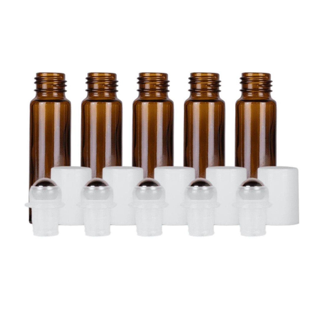 10 ml Amber Glass Roller Bottles (Pack of 5) Glass Roller Bottles Your Oil Tools White Stainless 