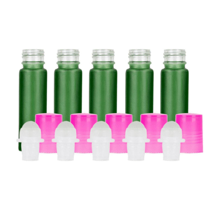 10 ml Green Frosted Glass Roller Bottles (Pack of 5) Glass Roller Bottles Your Oil Tools Pink Glass 