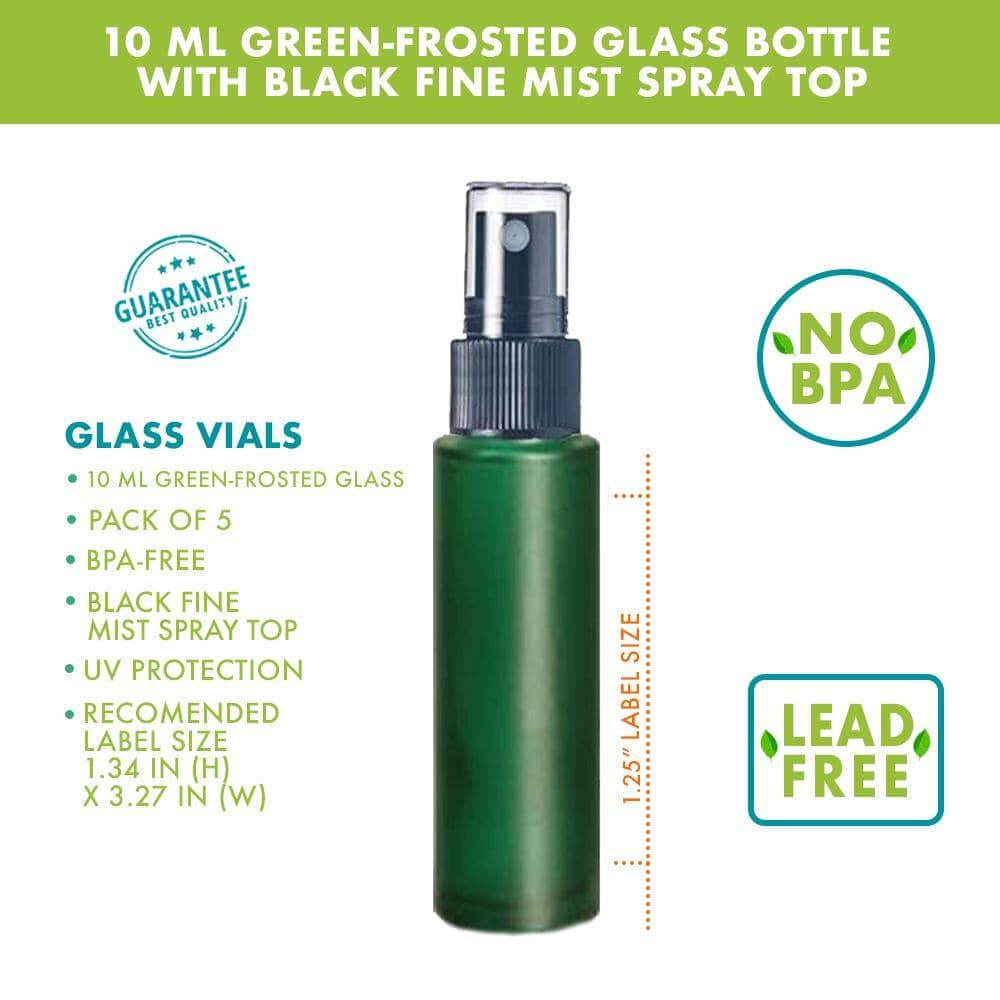 10 ml Green Frosted Glass Vial w/ Black Fine Mist Tops (Pack of 5) Glass Roller Bottles Your Oil Tools 