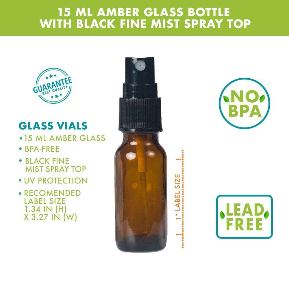 15 ml Amber Glass Bottle w/ Black Fine Mist Top Glass Spray Bottles Your Oil Tools 