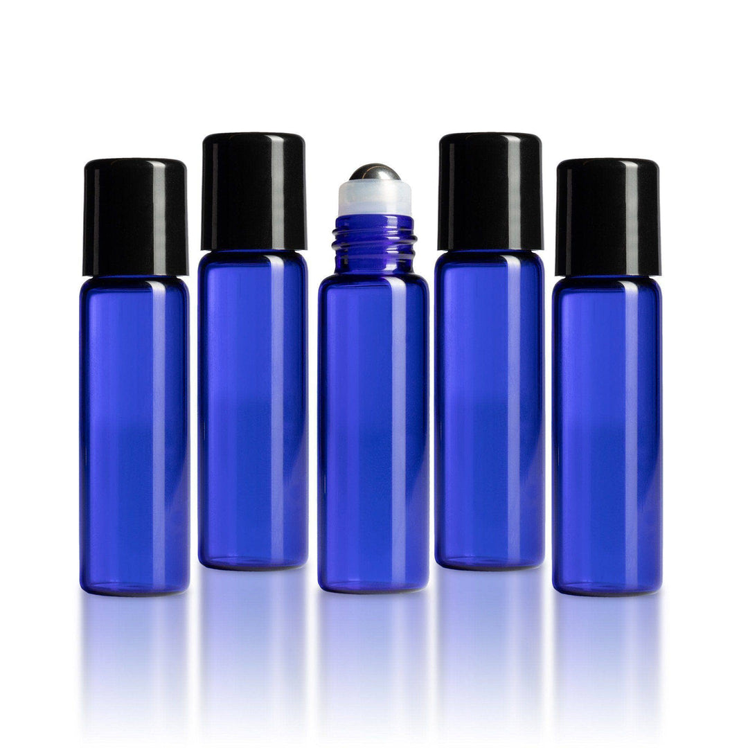 5 ml Blue Glass Vials w/ Stainless Rollers & Black Caps (Pack of 5) Sample Bottles Your Oil Tools 