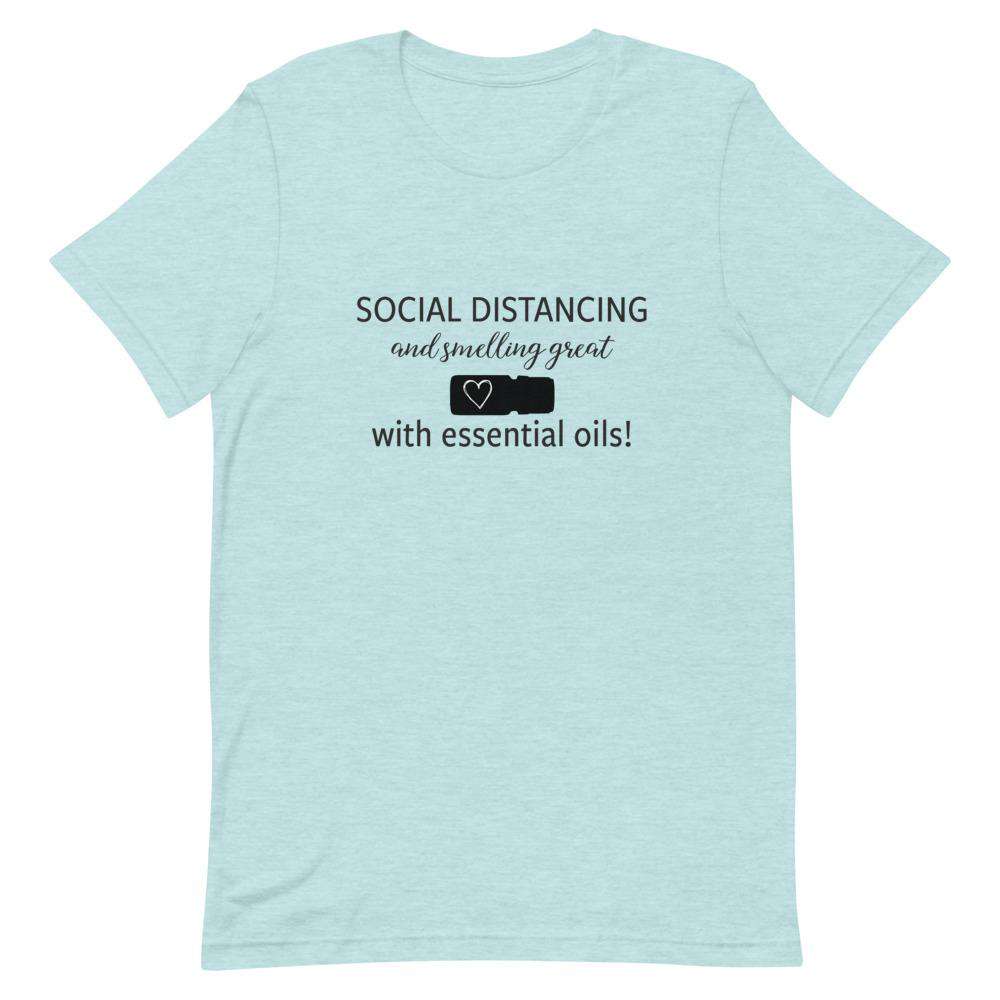"Social Distancing and Smelling Great with Essential Oils" Short-Sleeve Unisex T-Shirt Apparel Your Oil Tools Heather Prism Ice Blue XS 