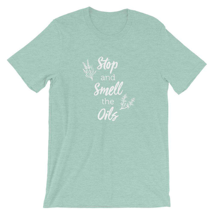 Stop and Smell the Oils (Dark) Short-Sleeve Unisex T-Shirt Apparel Your Oil Tools Heather Prism Dusty Blue XS 