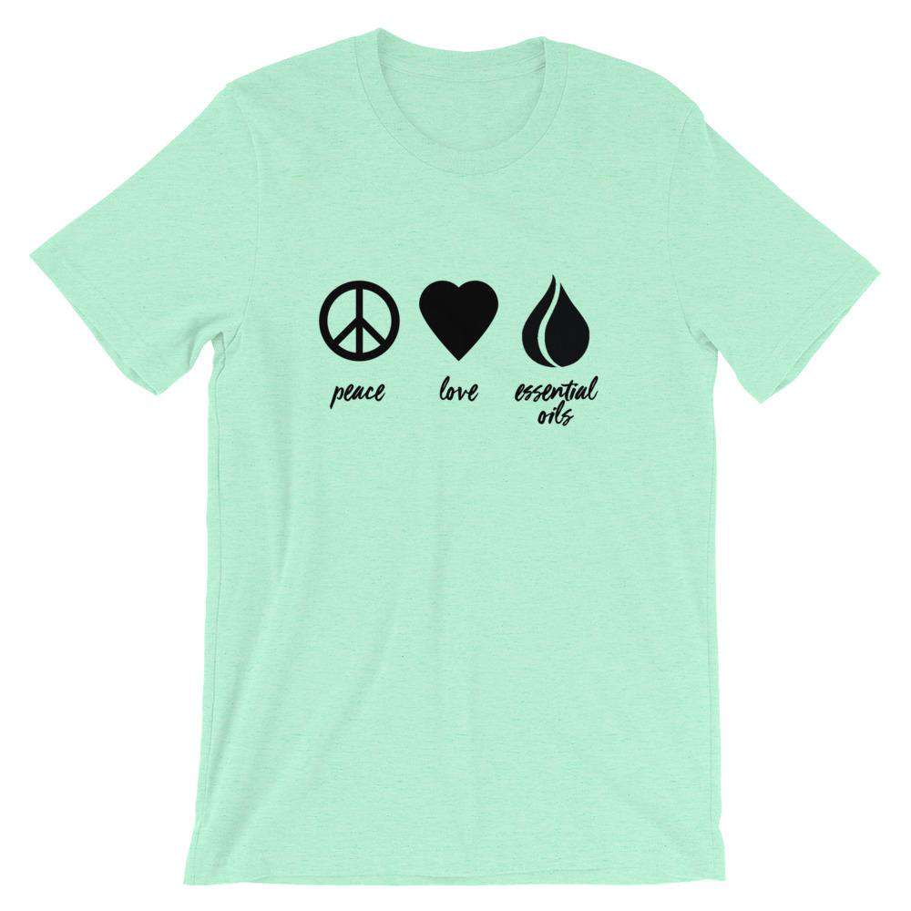 Peace, Love, Essential Oils (Dark) Short-Sleeve Unisex T-Shirt Apparel Your Oil Tools Heather Mint S 