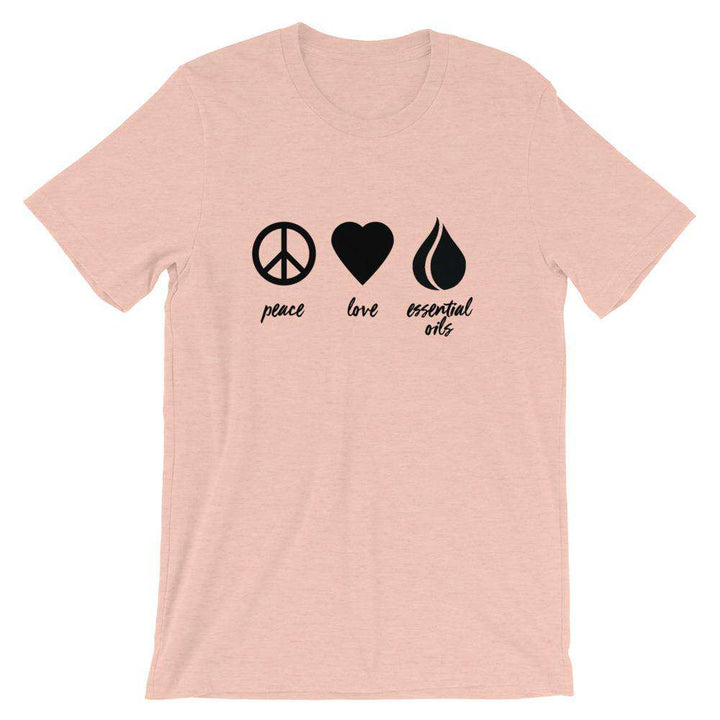 Peace, Love, Essential Oils (Dark) Short-Sleeve Unisex T-Shirt Apparel Your Oil Tools Heather Prism Peach XS 