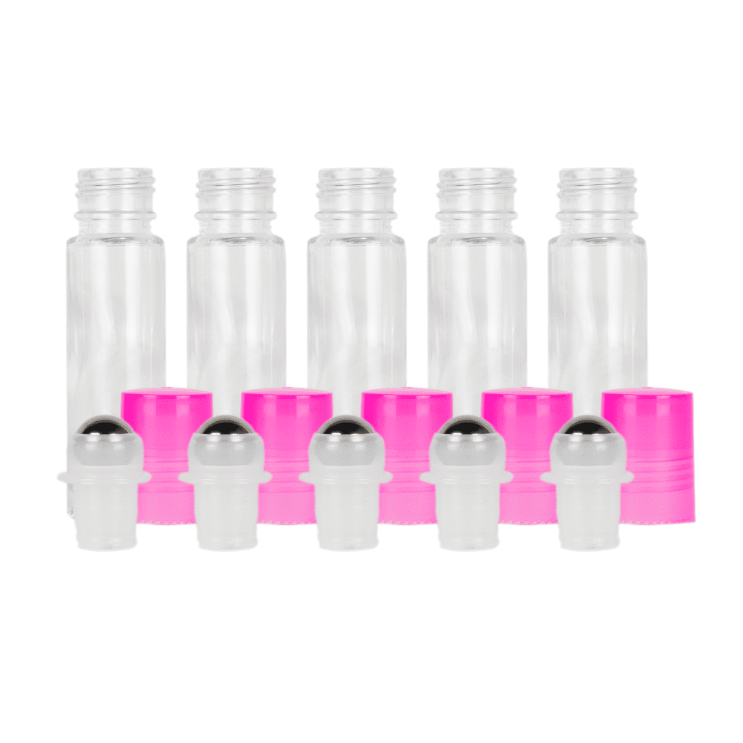 10 ml Clear Glass Roller Bottles (Pack of 5) Glass Roller Bottles Your Oil Tools Pink Stainless 