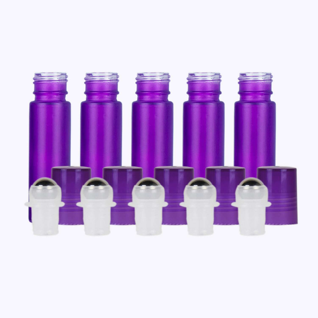 10 ml Purple Frosted Glass Roller Bottles (Pack of 5) Glass Roller Bottles Your Oil Tools Purple Stainless 