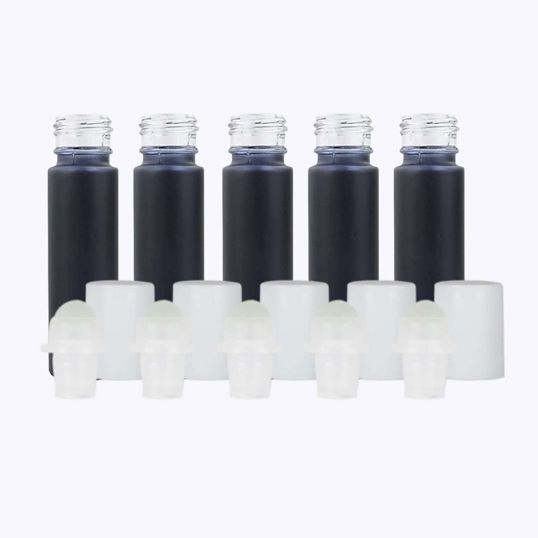 10 ml Black Frosted Glass Roller Bottle (Pack of 5) Glass Roller Bottles Your Oil Tools White Plastic 