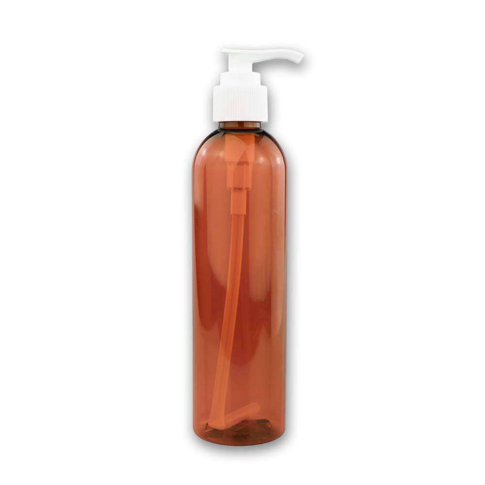 8 oz Amber PET Plastic Cosmo Bottle w/ White Pump Top Plastic Lotion Bottles Your Oil Tools 
