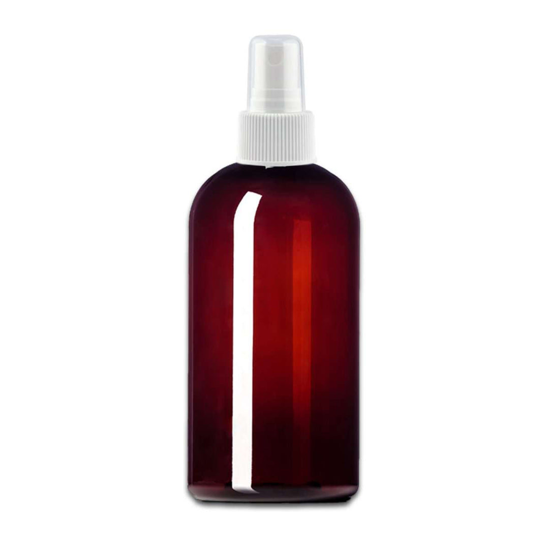 8 oz Amber PET Plastic Boston Round Bottle w/ White Fine Mist Top Plastic Spray Bottles Your Oil Tools 