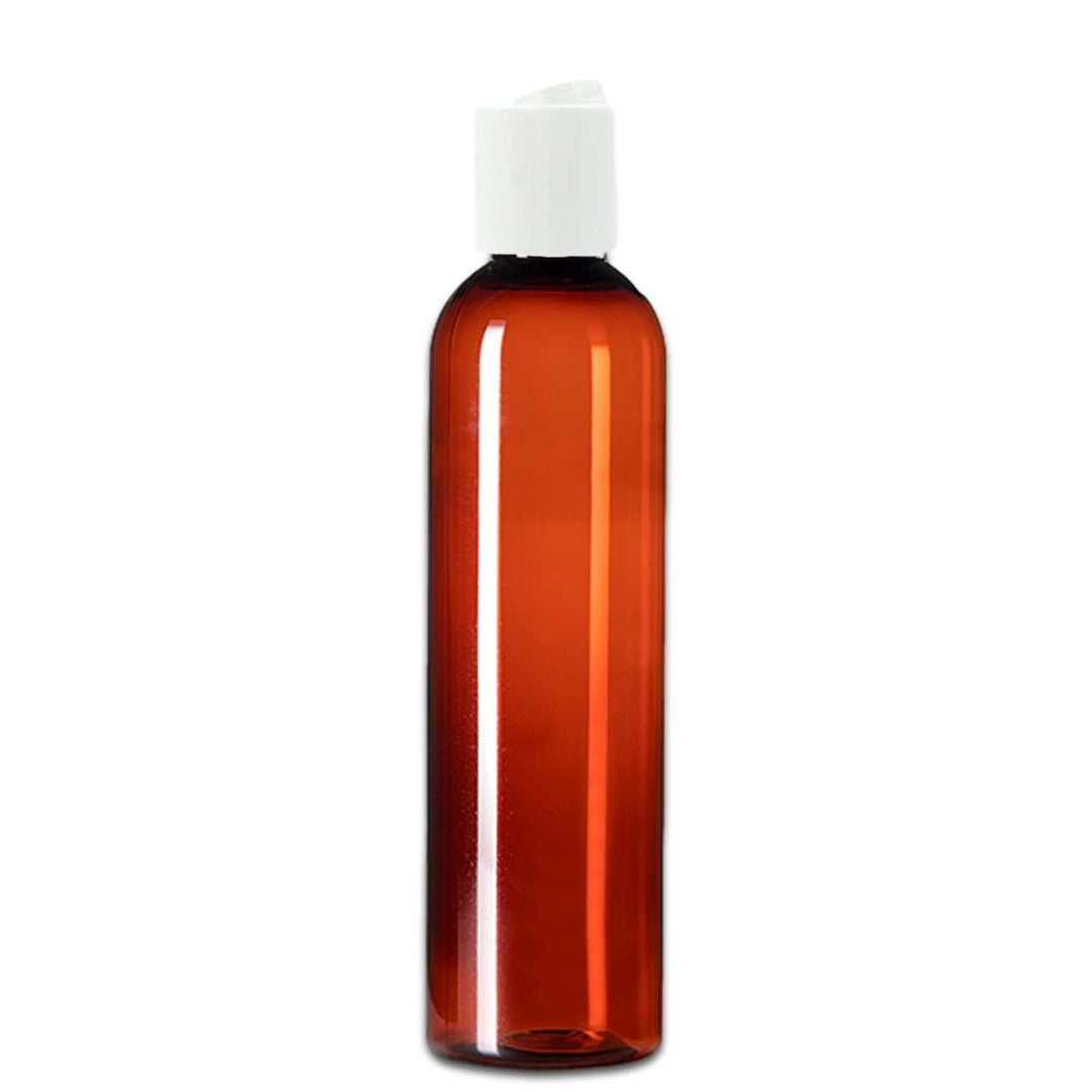 8 oz Amber PET Plastic Cosmo Bottle w/ White Disc Top Plastic Storage Bottles Your Oil Tools 