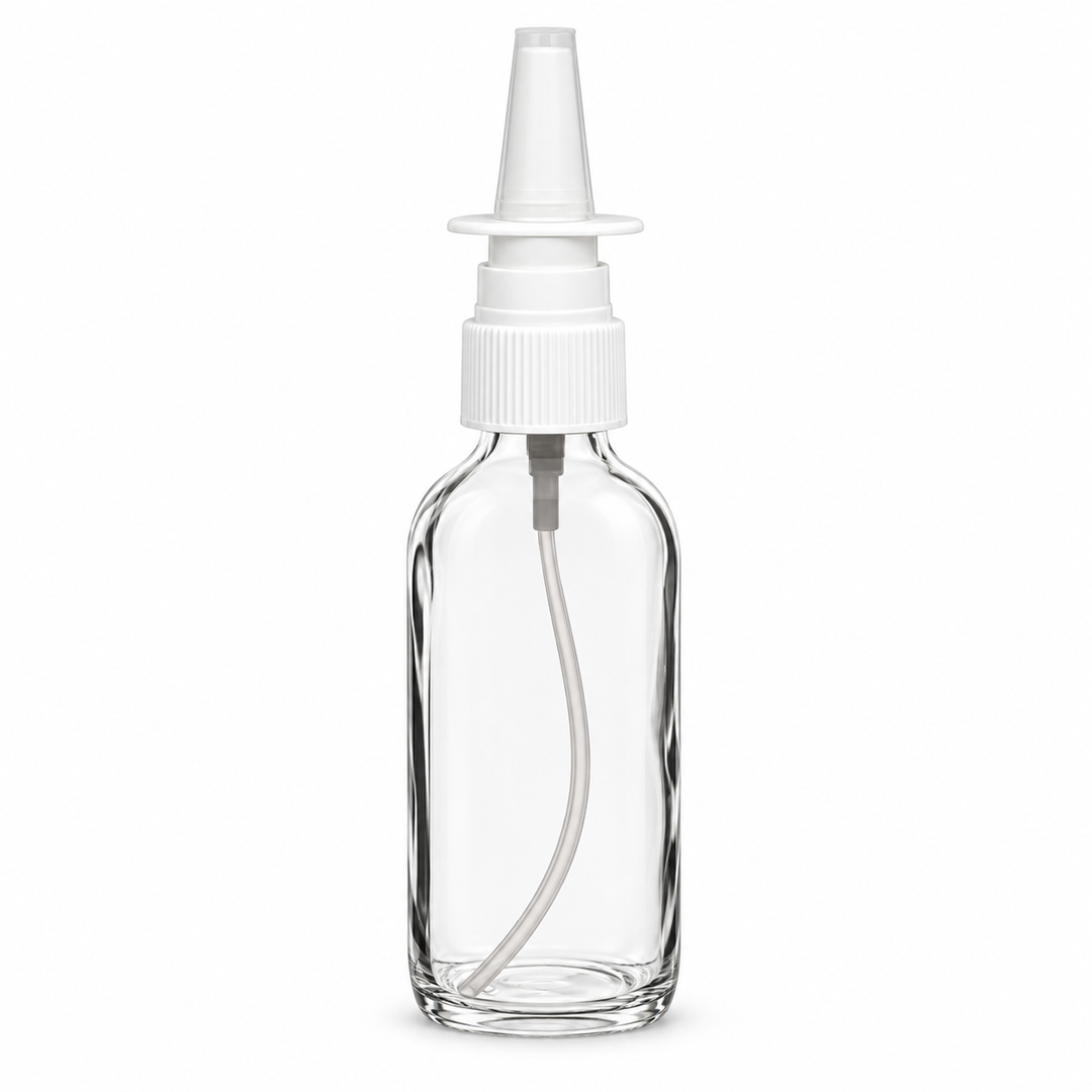 1oz Clear Glass Bottle w/ White Nasal Atomizer