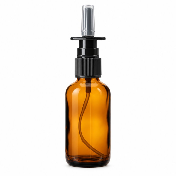 1oz Amber Glass Bottle w/ Black Nasal Atomizer