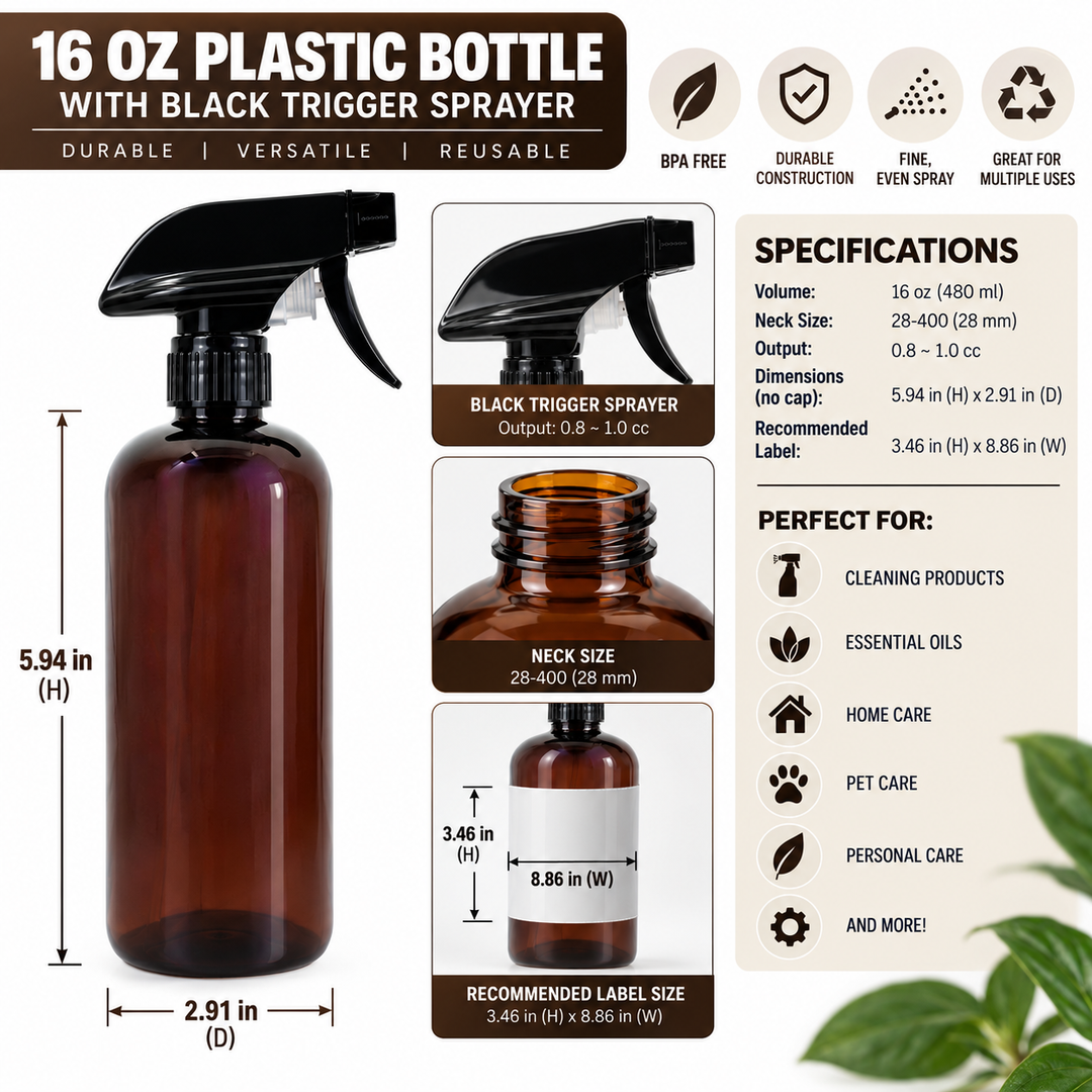 16 oz Amber PET Plastic Boston Round Bottle w/ Trigger Sprayer (28 mm)