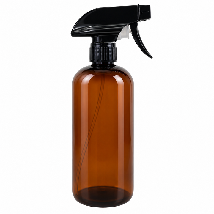 16 oz Amber PET Plastic Boston Round Bottle w/ Trigger Sprayer (28 mm)