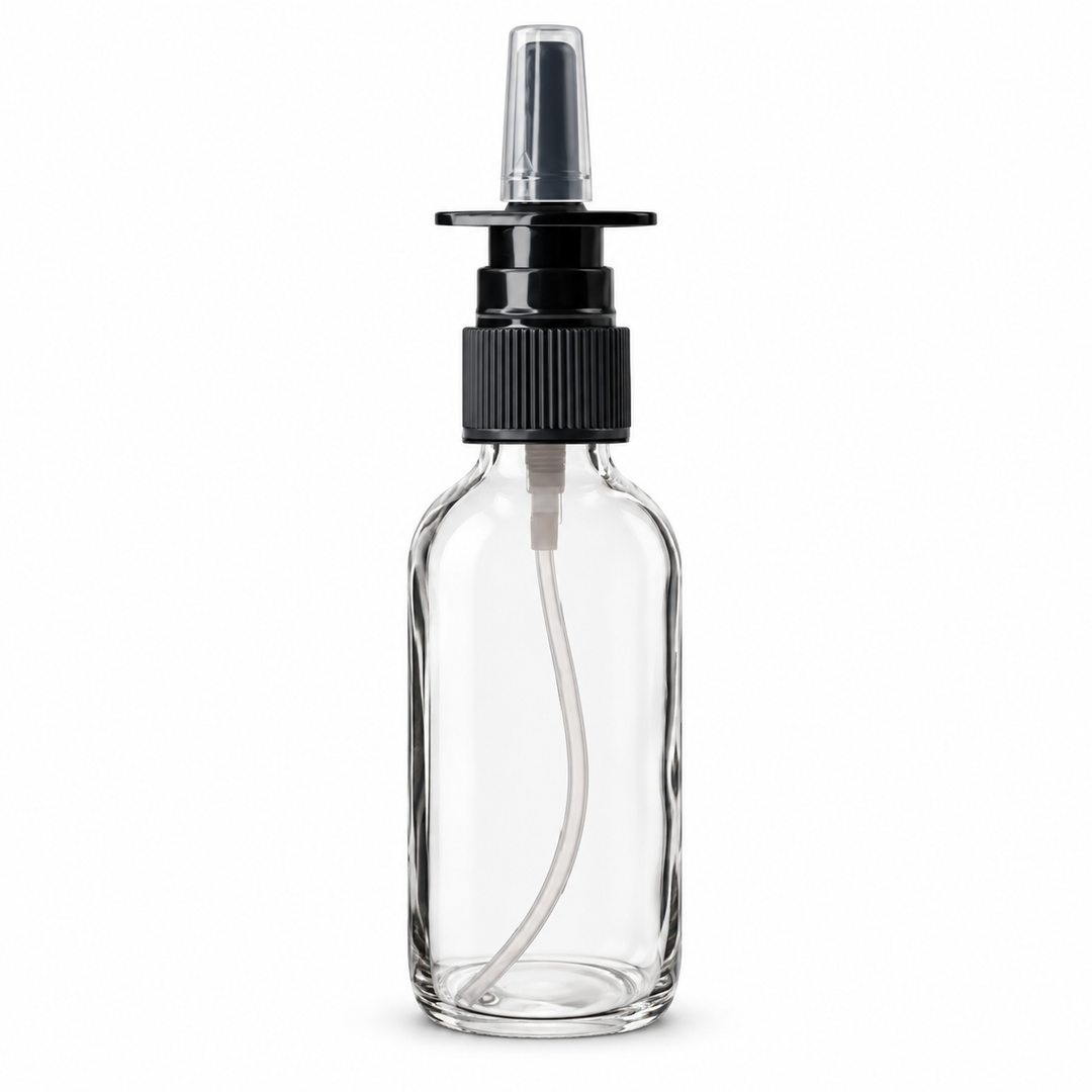 1oz Clear Glass Bottle w/ Black Nasal Atomizer