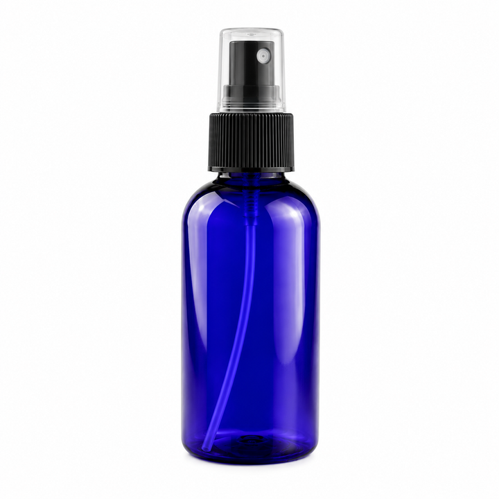 4 oz Blue PET Plastic Boston Round Bottle w/ Black Fine Mist Top