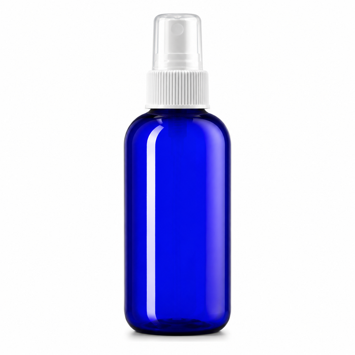 4 oz Blue PET Plastic Boston Round Bottle w/ White Fine Mist Top