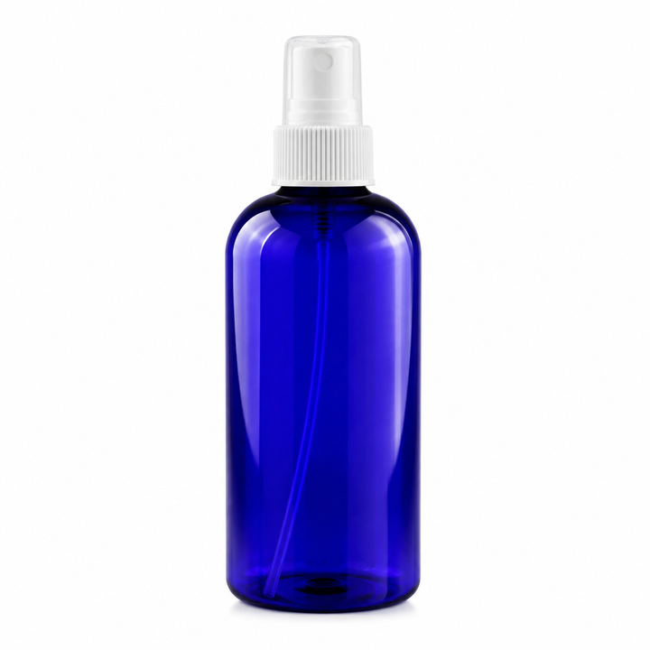 8 oz Blue PET Plastic Boston Round Bottle w/ White Fine Mist Top