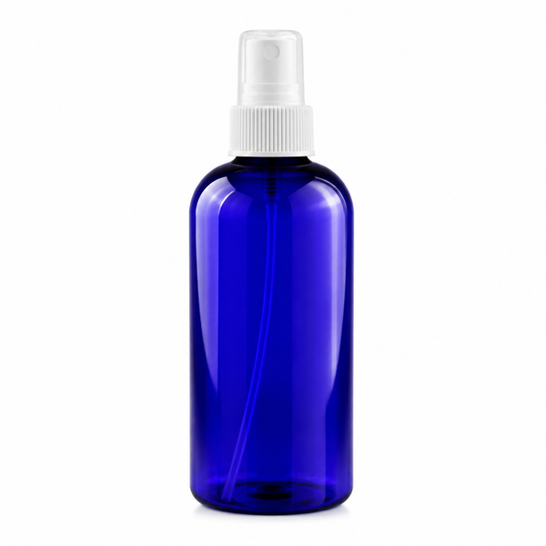 8 oz Blue PET Plastic Boston Round Bottle w/ White Fine Mist Top
