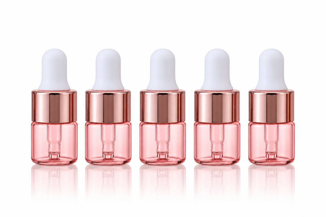 1 ml Pink Glass Vials w/ Rose Gold Dropper (Pack of 5) - Your Oil Tools