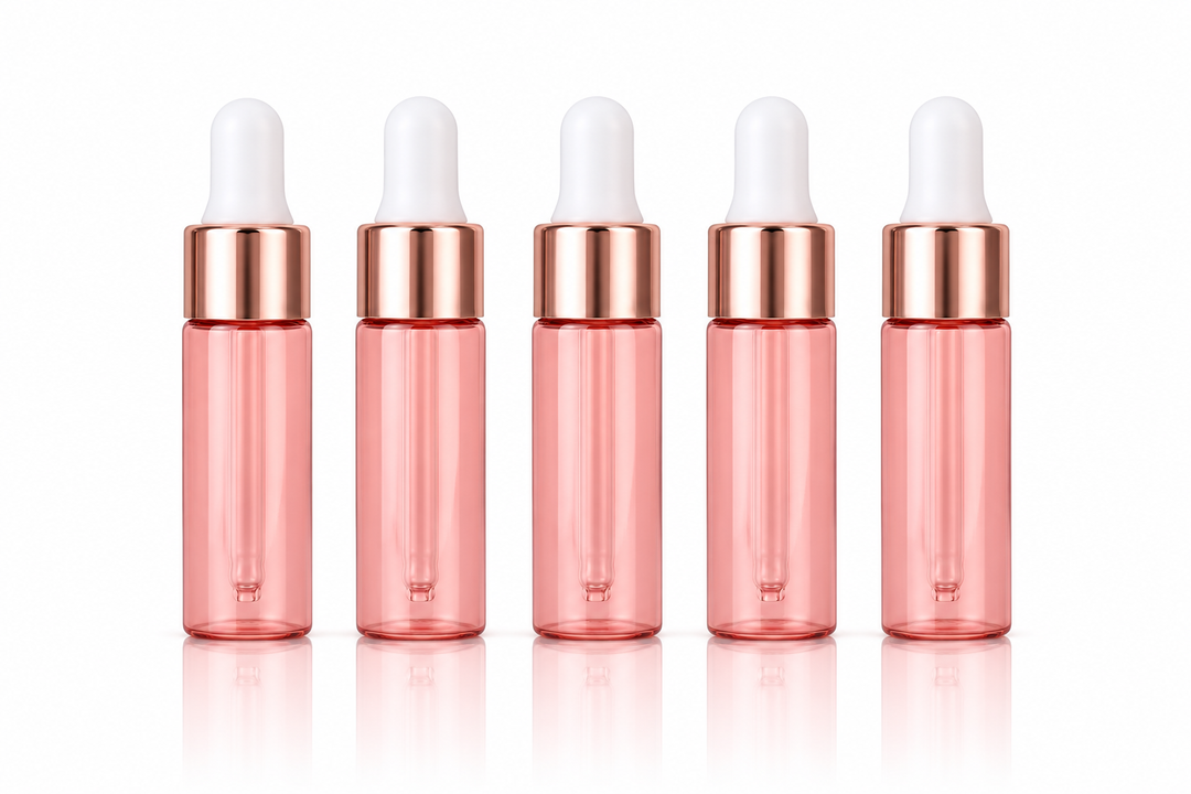 5 ml Pink Glass Vials w/ Rose Gold Dropper (Pack of 5) - Your Oil Tools