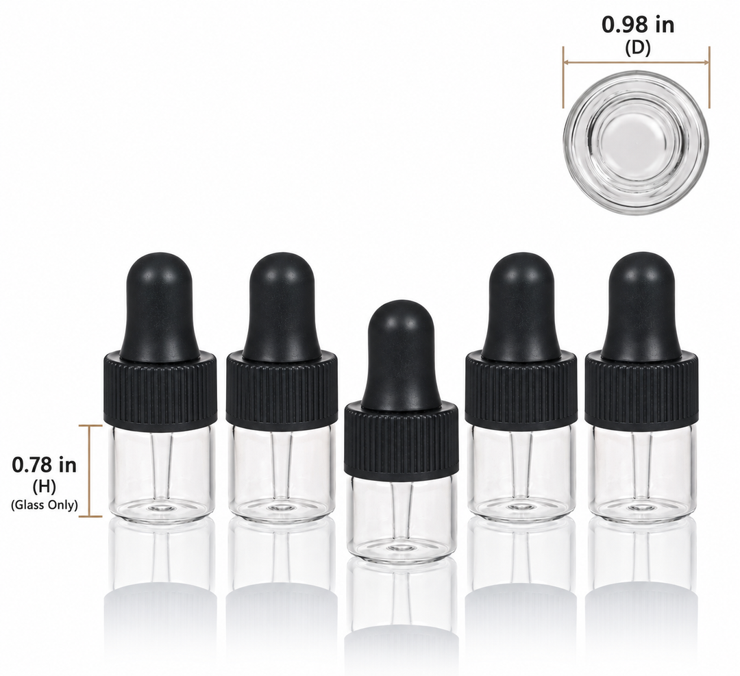 1 ml Clear Glass Vials w/ Black Dropper (Pack of 5)