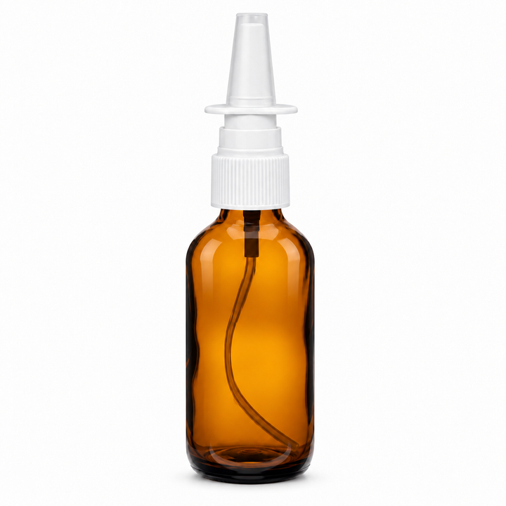 1oz Amber Glass Bottle w/ White Nasal Atomizer