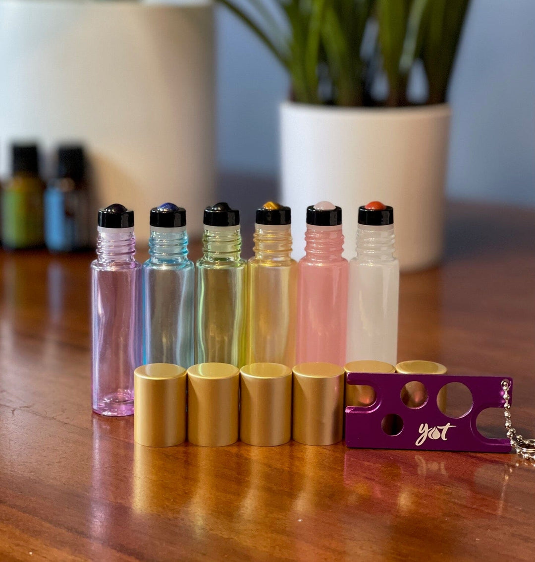 10ml Shimmer & Shine Glass Bottles W/Gem Stone Rollers and Gold Metal Caps Gift Box Roller Bottles Your Oil Tools 