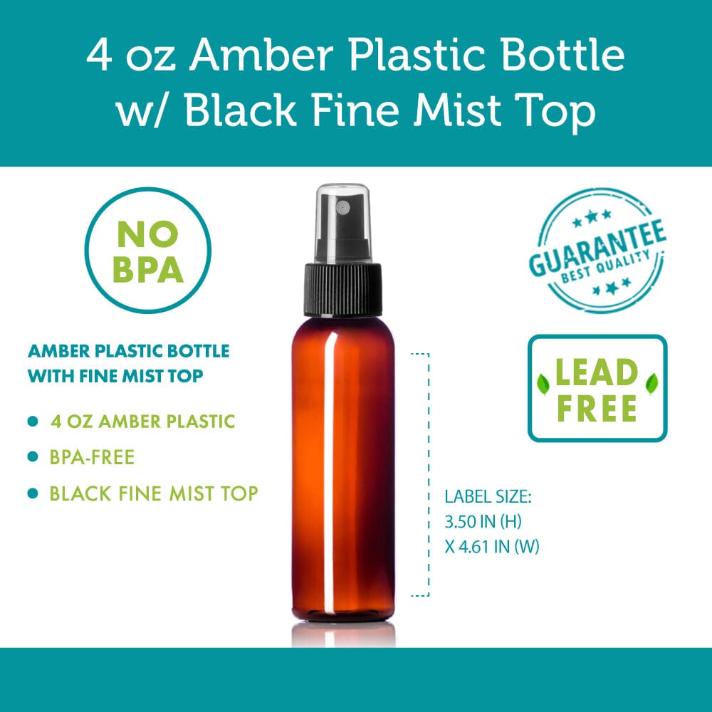 4 oz Amber PET Plastic Cosmo Bottle w/ Black Fine Mist Top Plastic Spray Bottles Your Oil Tools 