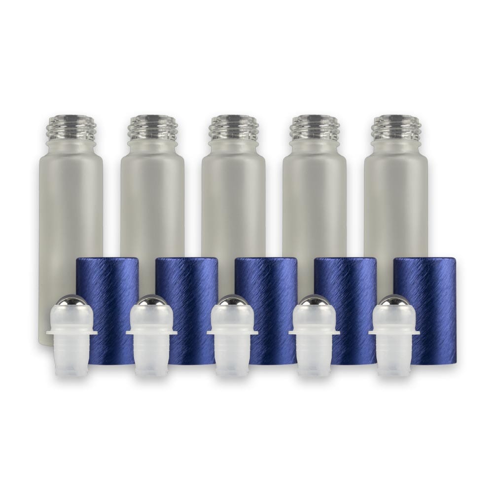 10 ml White Frosted Roller Bottles w/ Blue Brushed Metal Caps & Stainless Rollers Your Oil Tools 