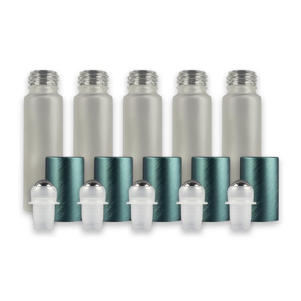 10 ml White Frosted Roller Bottles w/ Teal Brushed Metal Caps & Stainless Rollers Your Oil Tools 