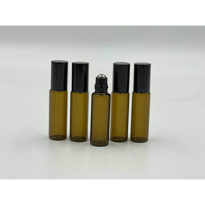 5 ml Amber Glass Roll-on Vials with Black Aluminum Caps (Pack of 5) Glass Roller Bottles Aroma2Go 