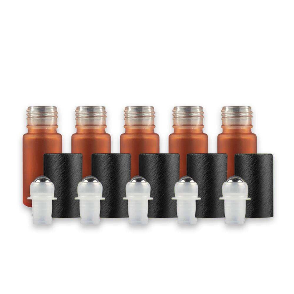 5 ml Frosted Glass Roller Bottle w/ Stainless Steel Roller (Pack of 5) Glass Roller Bottles Sunshine Orange Black 