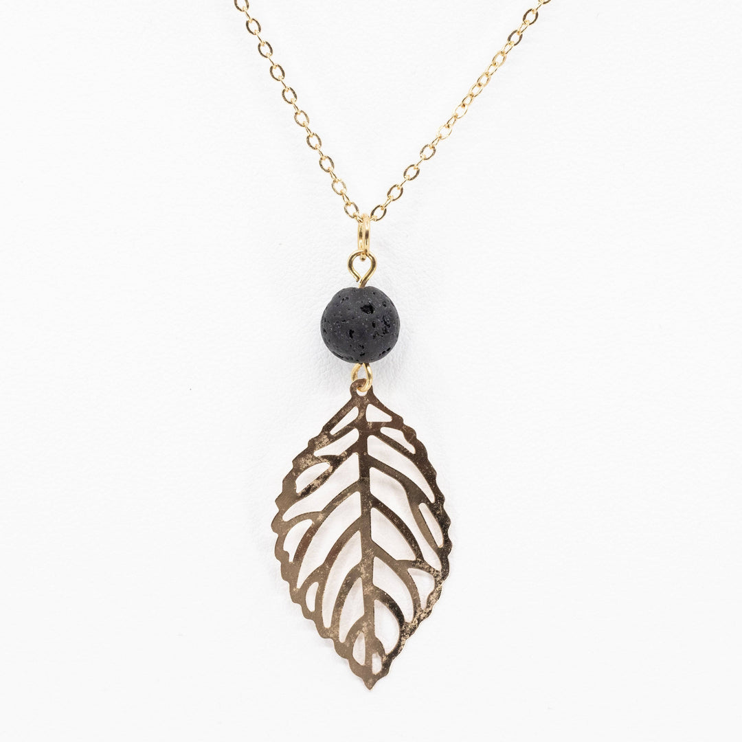 Gold Chain Necklace w/ Single Lava Rock and Gold Feather (Aquila) Aroma Jewelry Your Oil Tools 