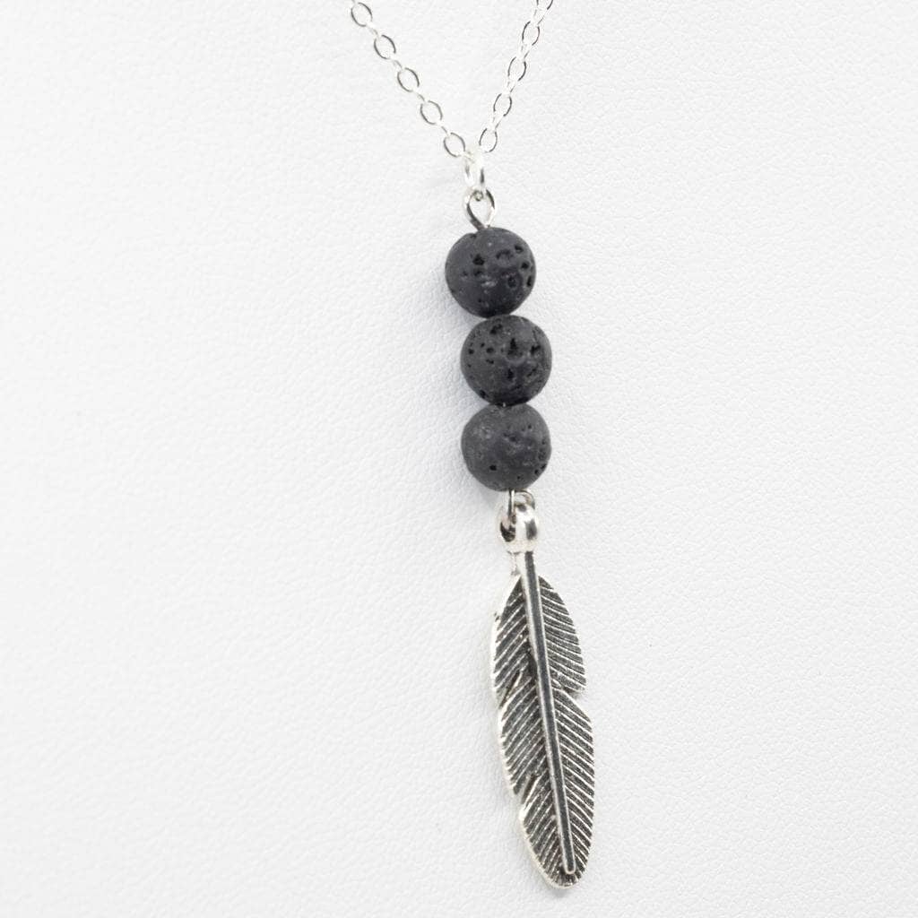 Silver Chain Necklace w/ Lava Rock & Feather Aroma Jewelry Your Oil Tools 