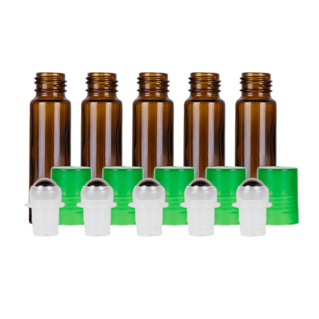 10 ml Amber Glass Roller Bottles (Flat of 150) Glass Roller Bottles Your Oil Tools Green Stainless 