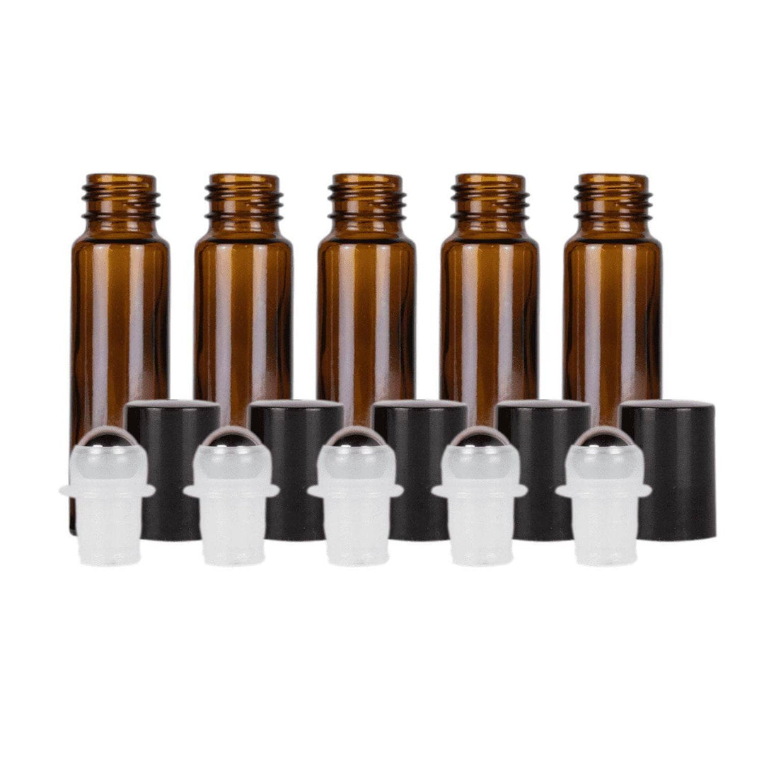 10 ml Amber Glass Roller Bottles (Flat of 150) Glass Roller Bottles Your Oil Tools Black Stainless 