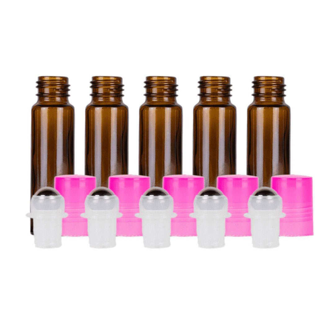 10 ml Amber Glass Roller Bottles (Pack of 5) Glass Roller Bottles Your Oil Tools Pink Stainless 
