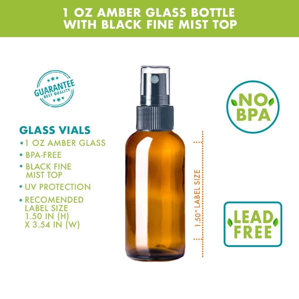 1 oz Amber Glass Bottle w/ Black Fine Mist Top Glass Spray Bottles Your Oil Tools 