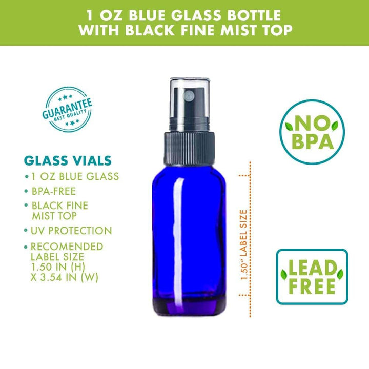 1 oz Blue Glass Bottle w/ Black Fine Mist Top Glass Spray Bottles Your Oil Tools 