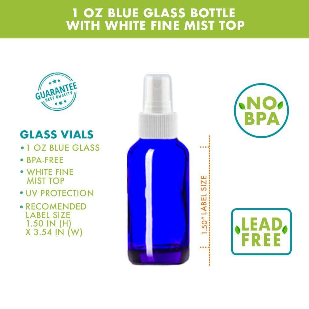 1 oz Blue Glass Bottle w/ White Fine Mist Top Glass Spray Bottles Your Oil Tools 