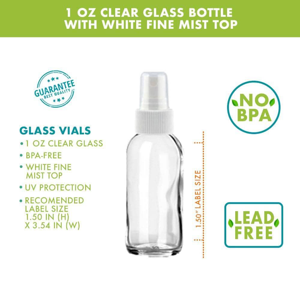 1 oz Clear Glass Bottle w/ White Fine Mist Top Glass Spray Bottles Your Oil Tools 