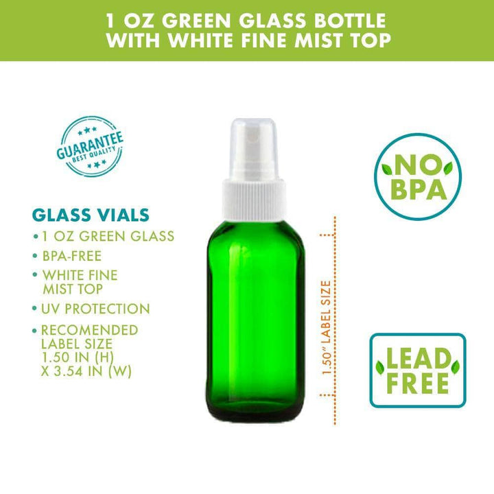 1 oz Green Glass Bottle w/ White Fine Mist Top Glass Spray Bottles Your Oil Tools 
