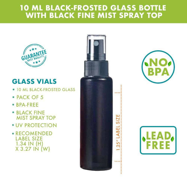 10 ml Black Frosted Glass Vial w/ Black Fine Mist Tops (Pack of 5) Glass Spray Bottles Your Oil Tools 