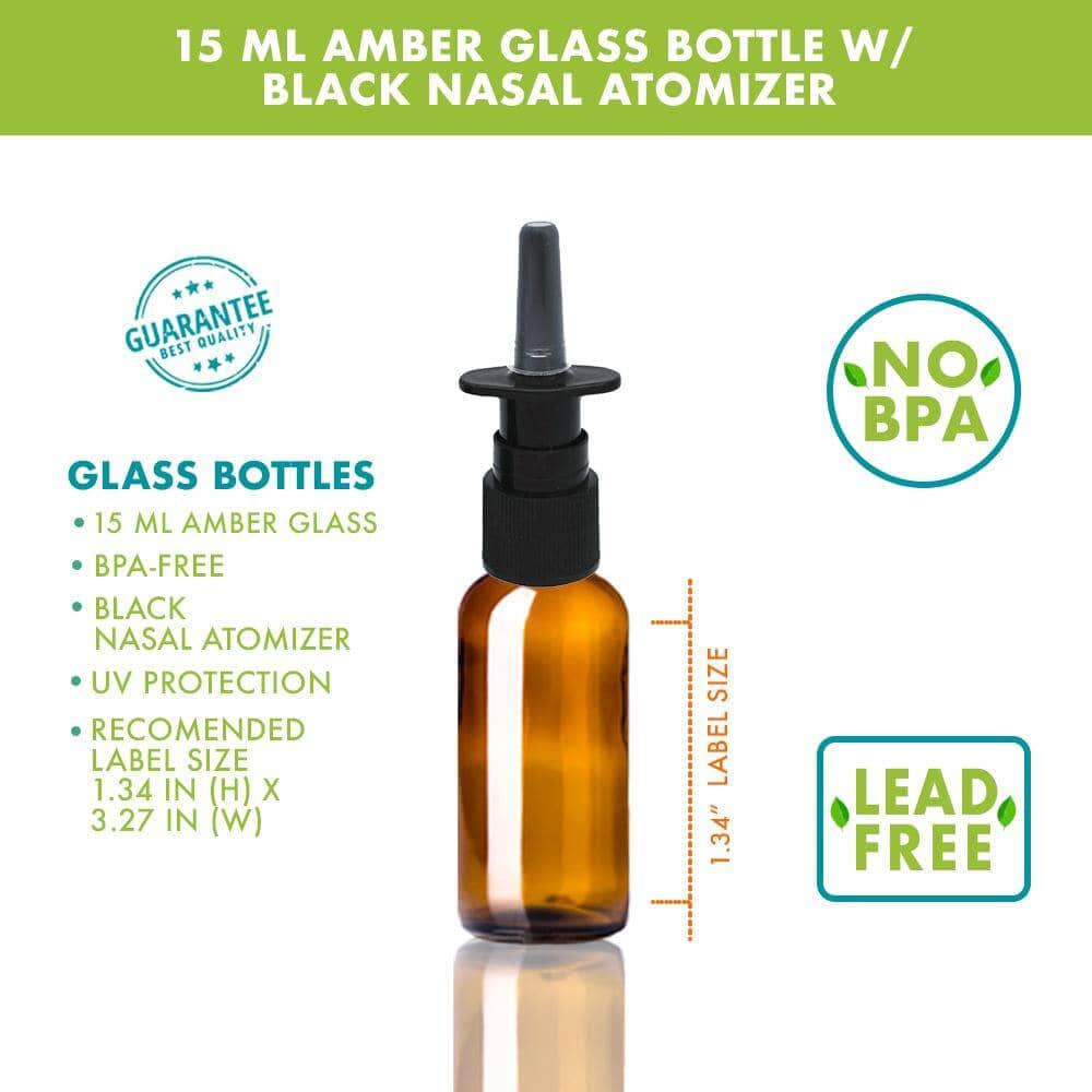 15 ml Amber Glass Bottle w/ Black Nasal Atomizer Glass Spray Bottles Your Oil Tools 