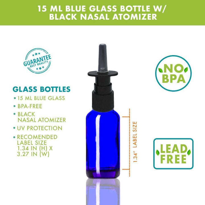 15 ml Blue Glass Bottle w/ Black Nasal Atomizer Glass Spray Bottles Your Oil Tools 