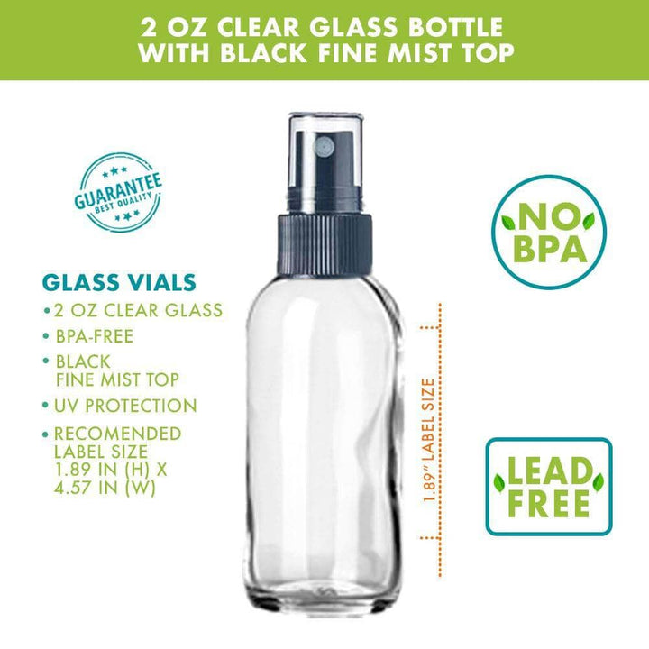 2 oz Clear Glass Bottle w/ Black Fine Mist Top Glass Spray Bottles Your Oil Tools 