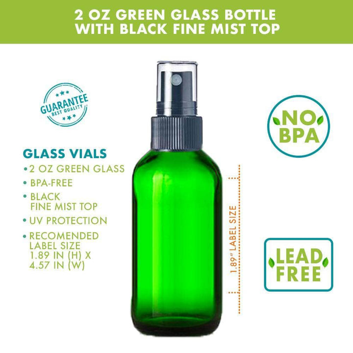 2 oz Green Glass Bottle w/ Black Fine Mist Top Glass Spray Bottles Your Oil Tools 