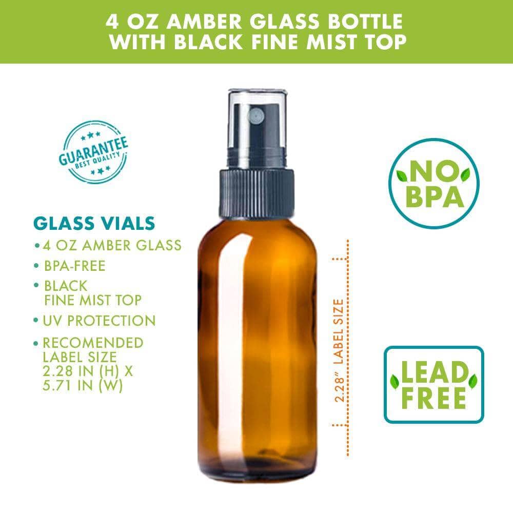4 oz Amber Glass Bottle w/ Black Fine Mist Top Glass Spray Bottles Your Oil Tools 